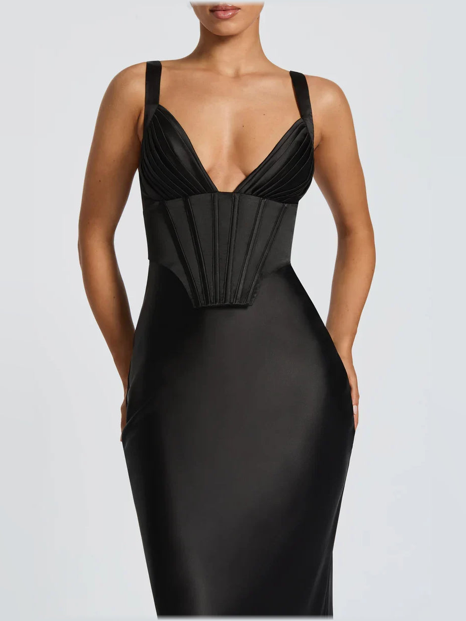 Black mermaid floor-length formal dress with corset-style bodice, alternate view showing the waist