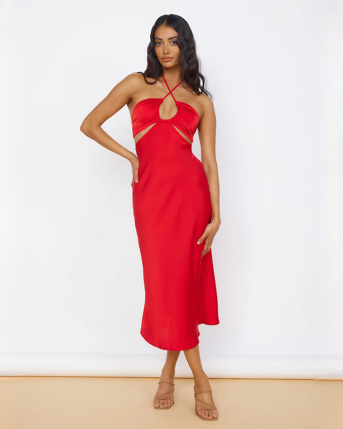 sleeveless satin a-line midi bridesmaid dress - image 4