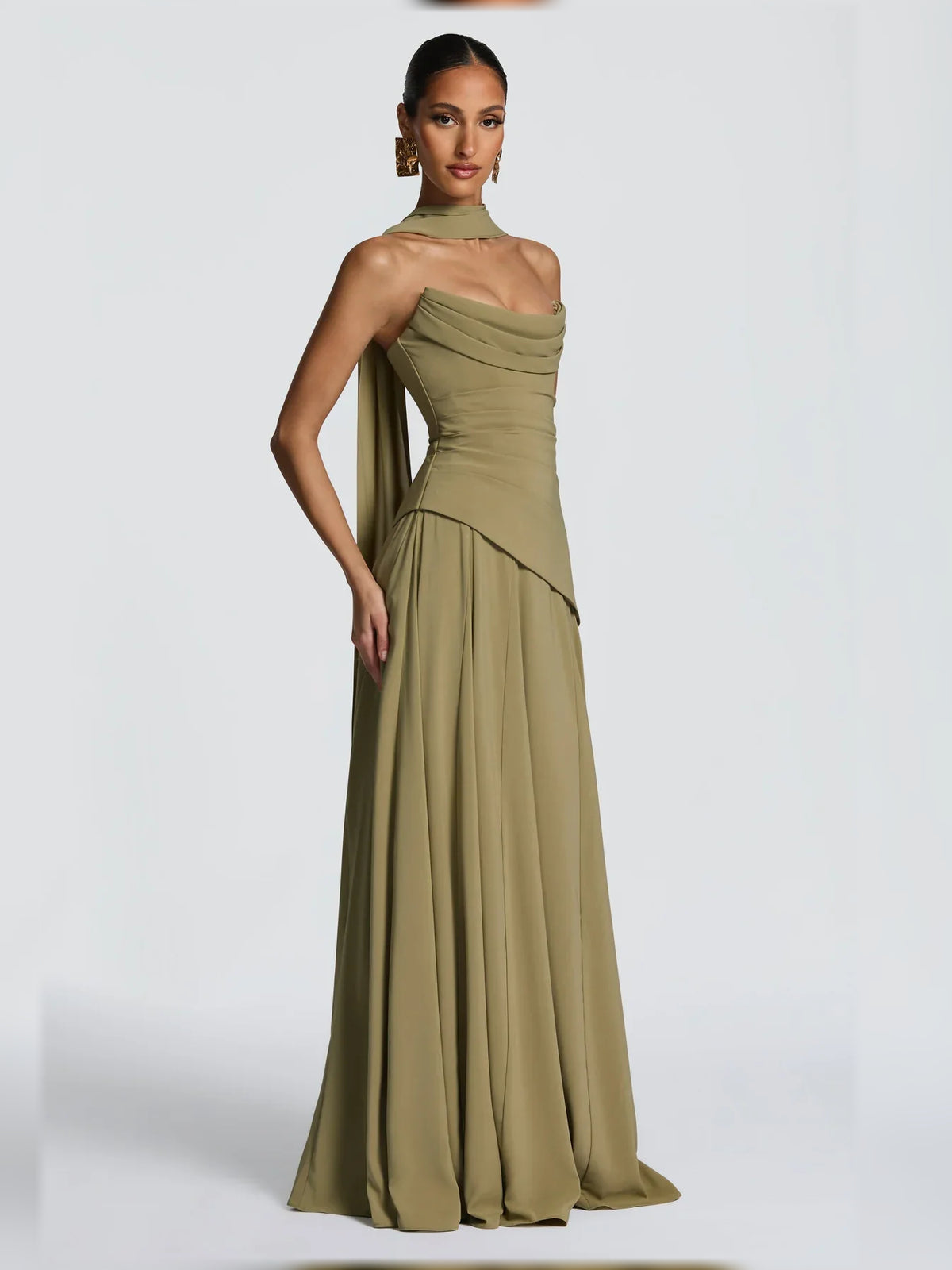 Dusty Sage a-line floor-length formal dress with corset-style bodice, alternate view showing the waist