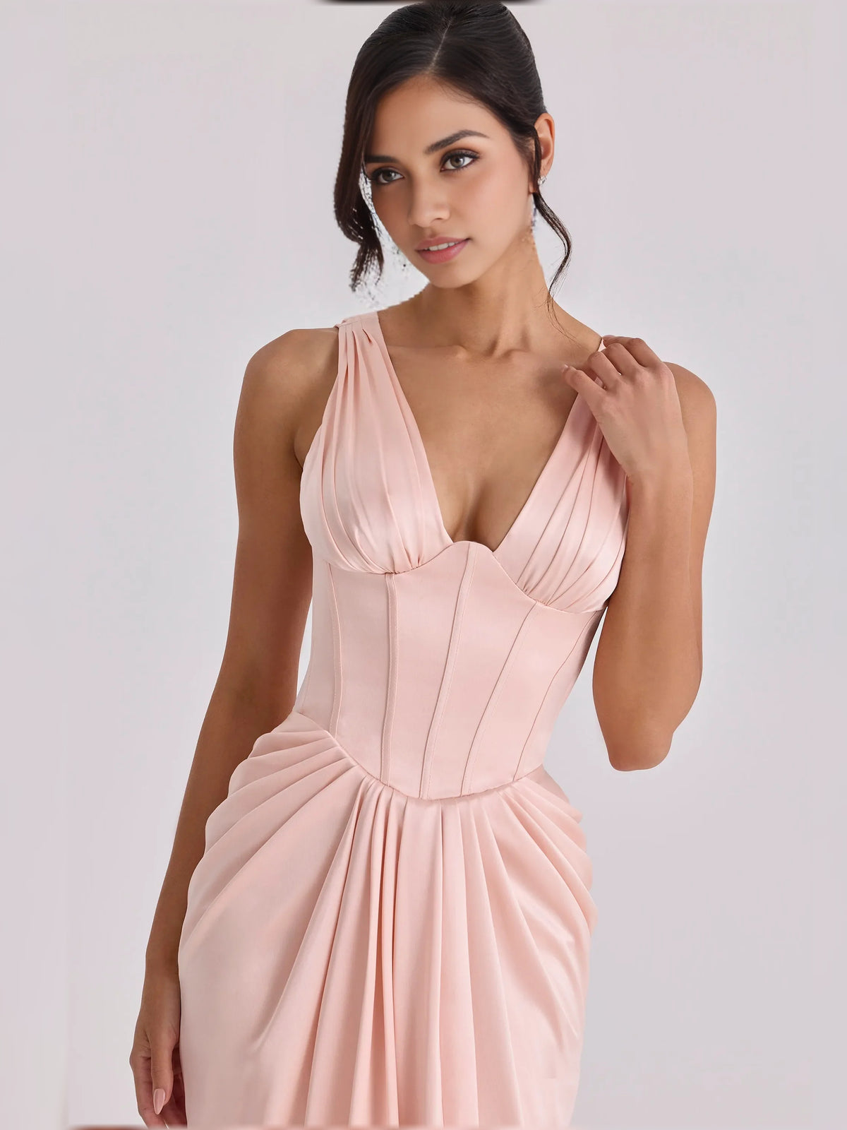 Blush Pink sheath floor-length formal dress with pleated skirt, alternate view