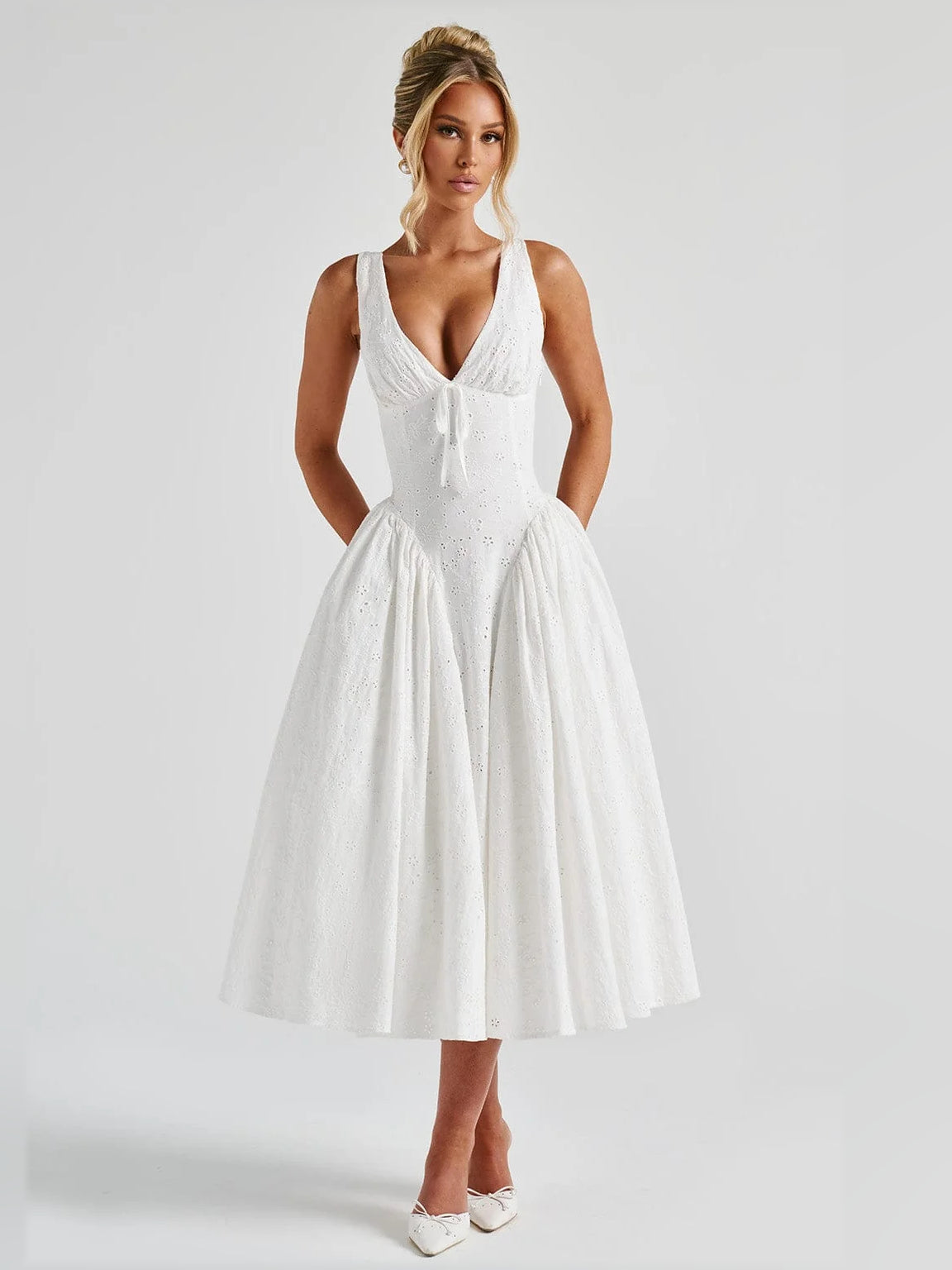 Ivory midi formal dress, alternate view showing the waist