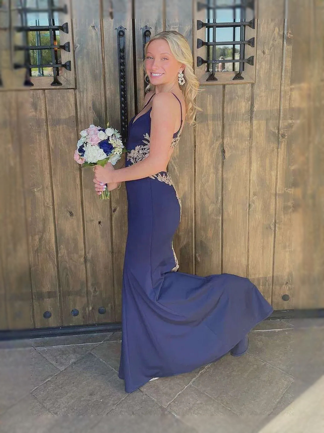 White maxi prom dress, back view showing the rear of the dress from another angle