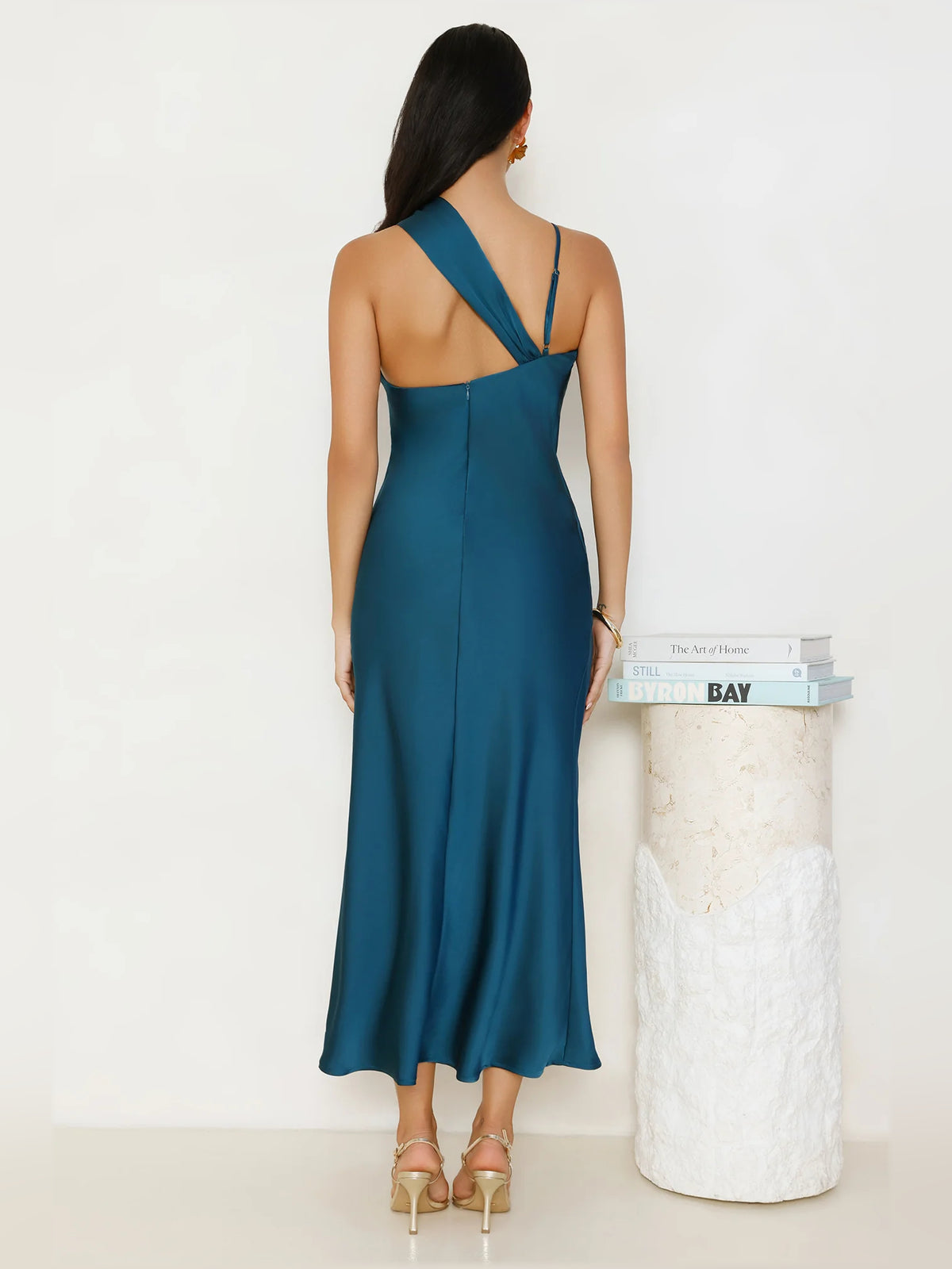 Teal midi formal dress, alternate view showing the waist