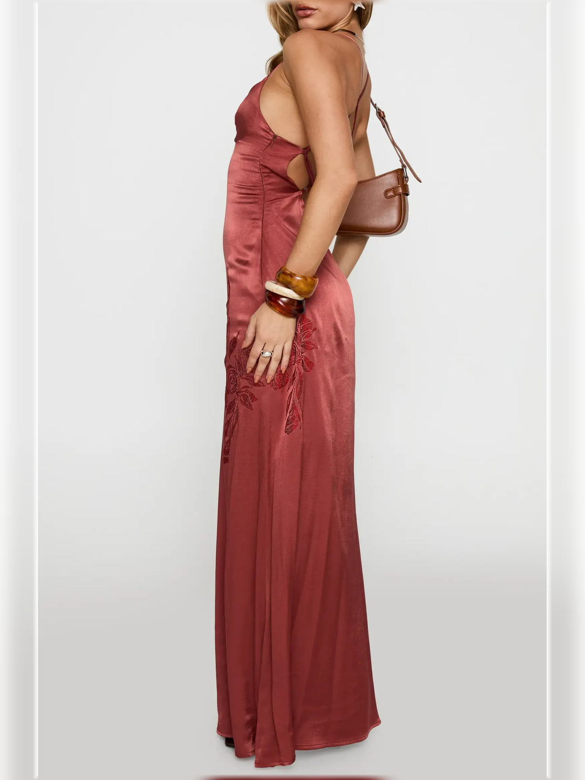 Red mermaid floor-length formal dress with draping, alternate view