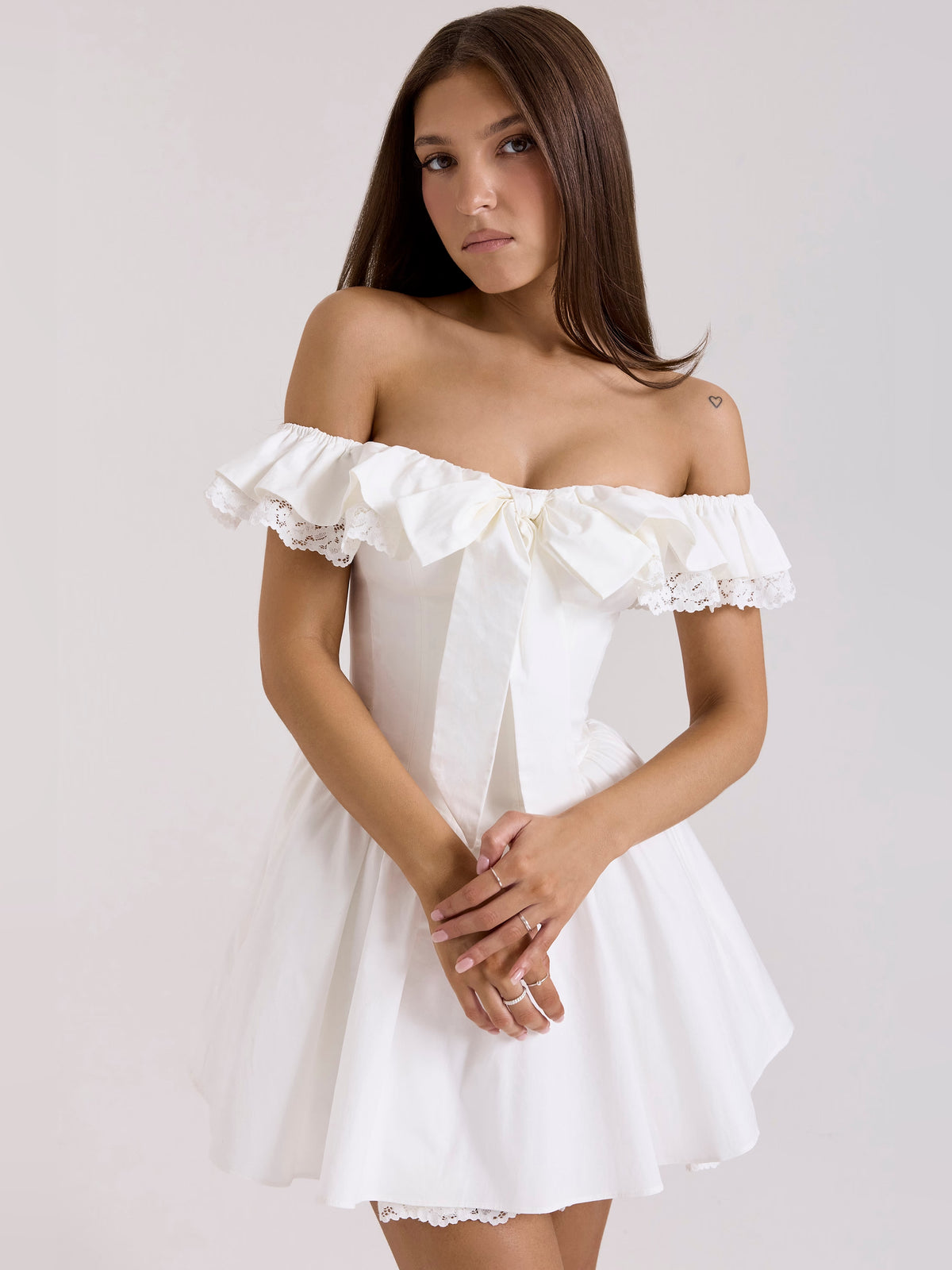 White mini homecoming dress, alternate view showing the overall dress design
