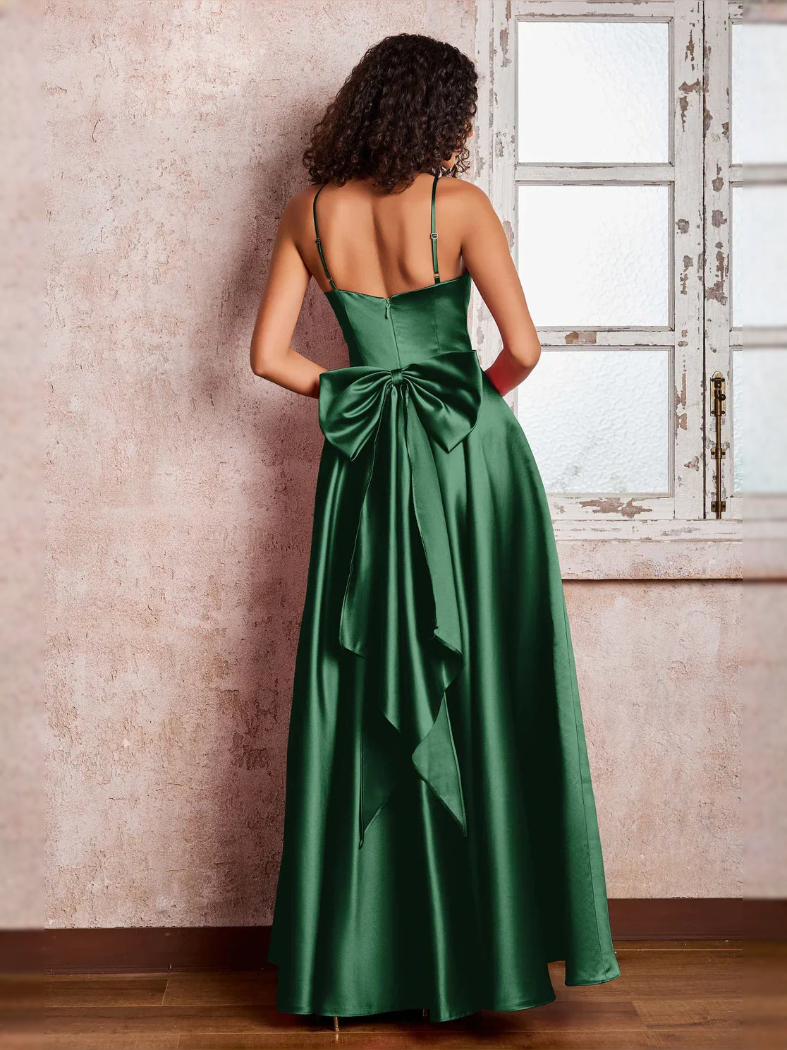 Watermelon floor-length prom dress, back view showing the rear of the dress from another angle
