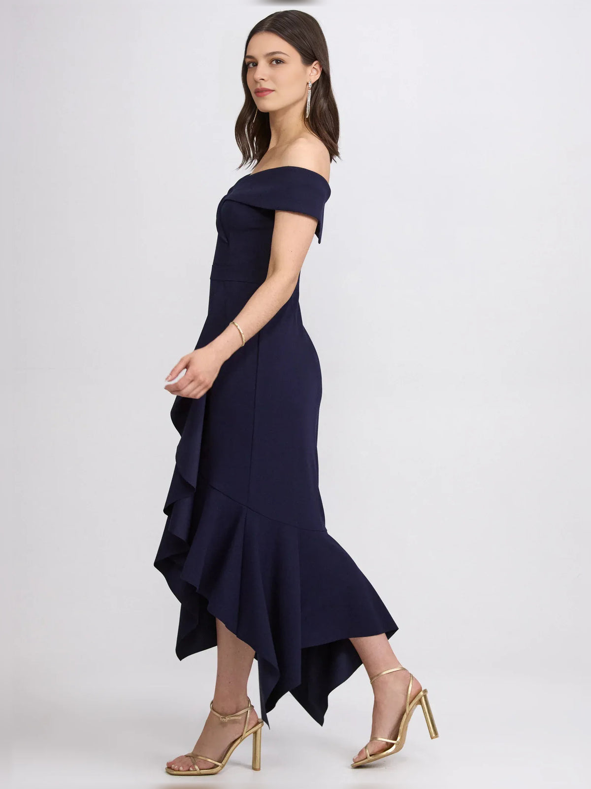 Dark Navy mermaid midi formal dress with skirt slit, alternate view showing the waist
