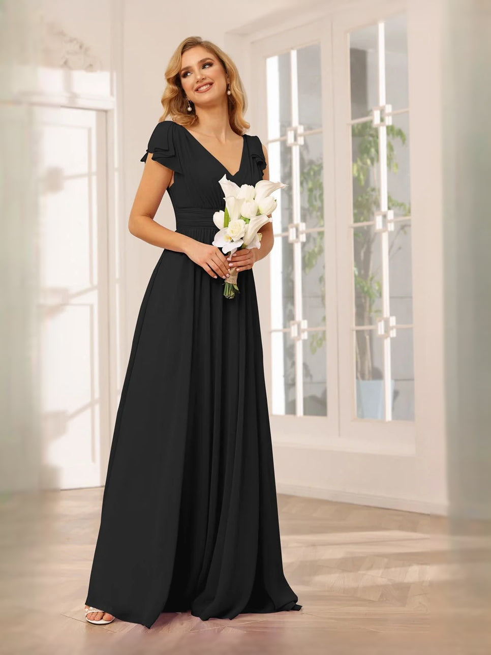 Black floor-length bridesmaid dress, alternate view showing the overall dress design