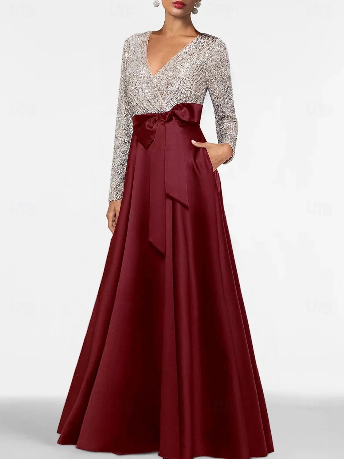 Burgundy floor-length mother of the bride dress, alternate view showing the overall dress design