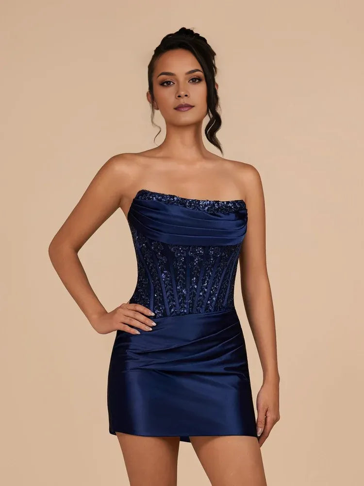 Navy Blue mini homecoming dress, alternate view showing the overall dress design