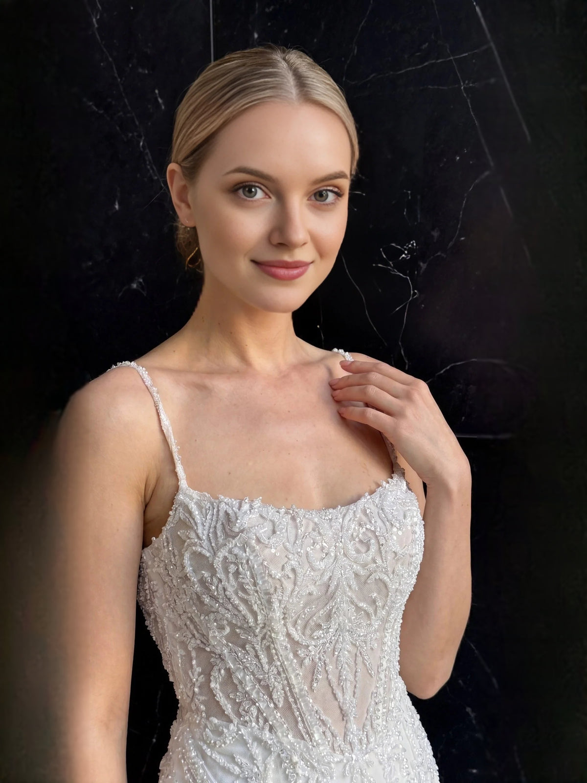 Ivory floor-length wedding dress, alternate view showing the overall dress design
