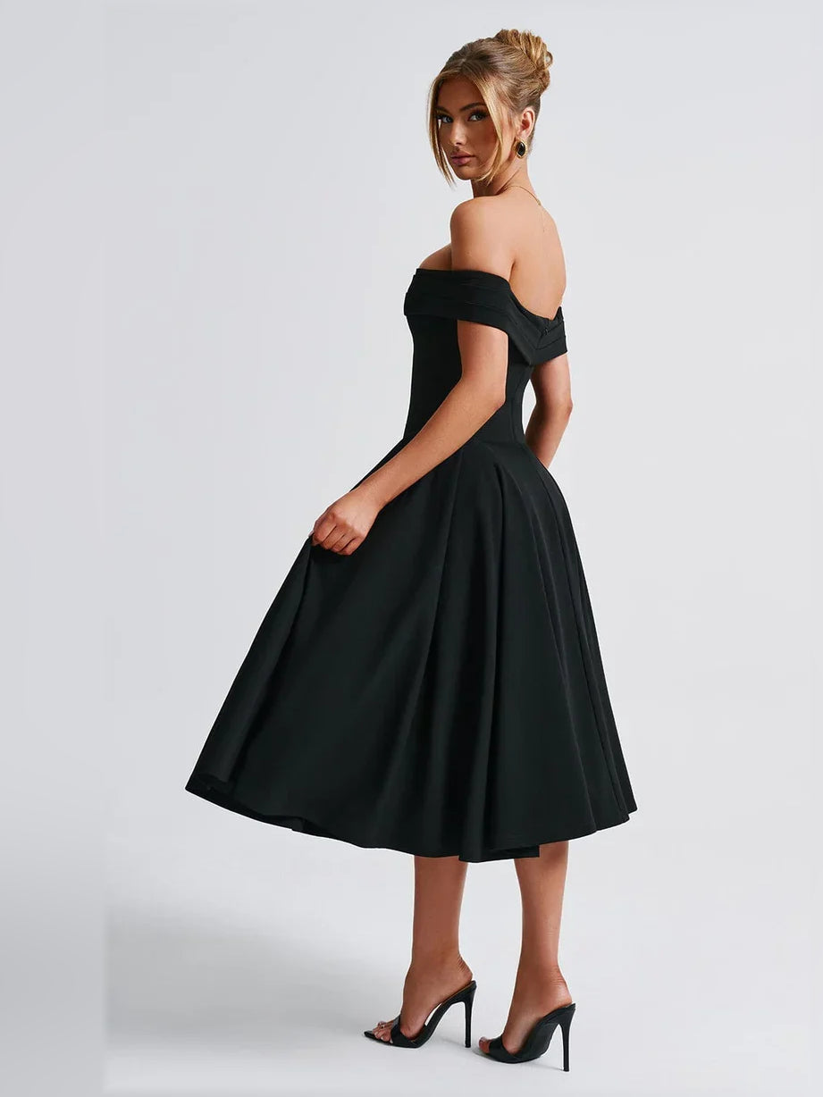 Blue a-line midi formal dress with off-the-shoulder neckline, alternate view showing the waist