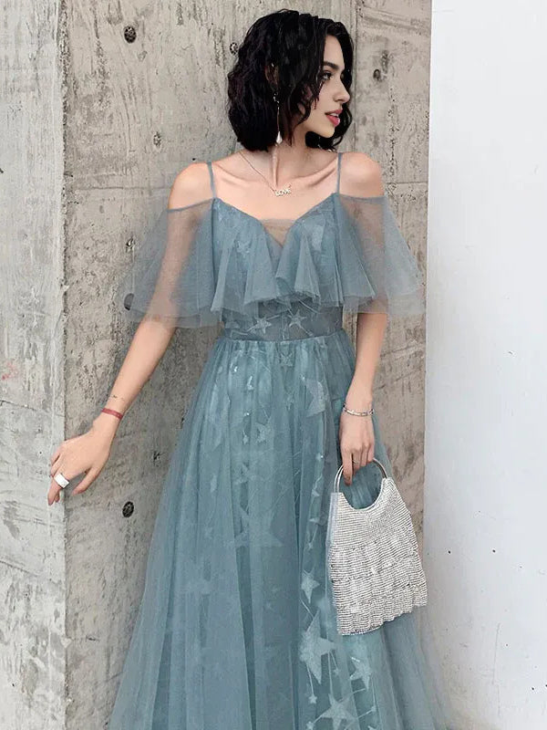 Dusty Blue maxi prom dress, alternate view showing the overall dress design