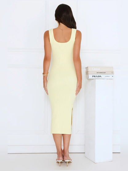 Yellow midi formal dress, alternate view showing the waist