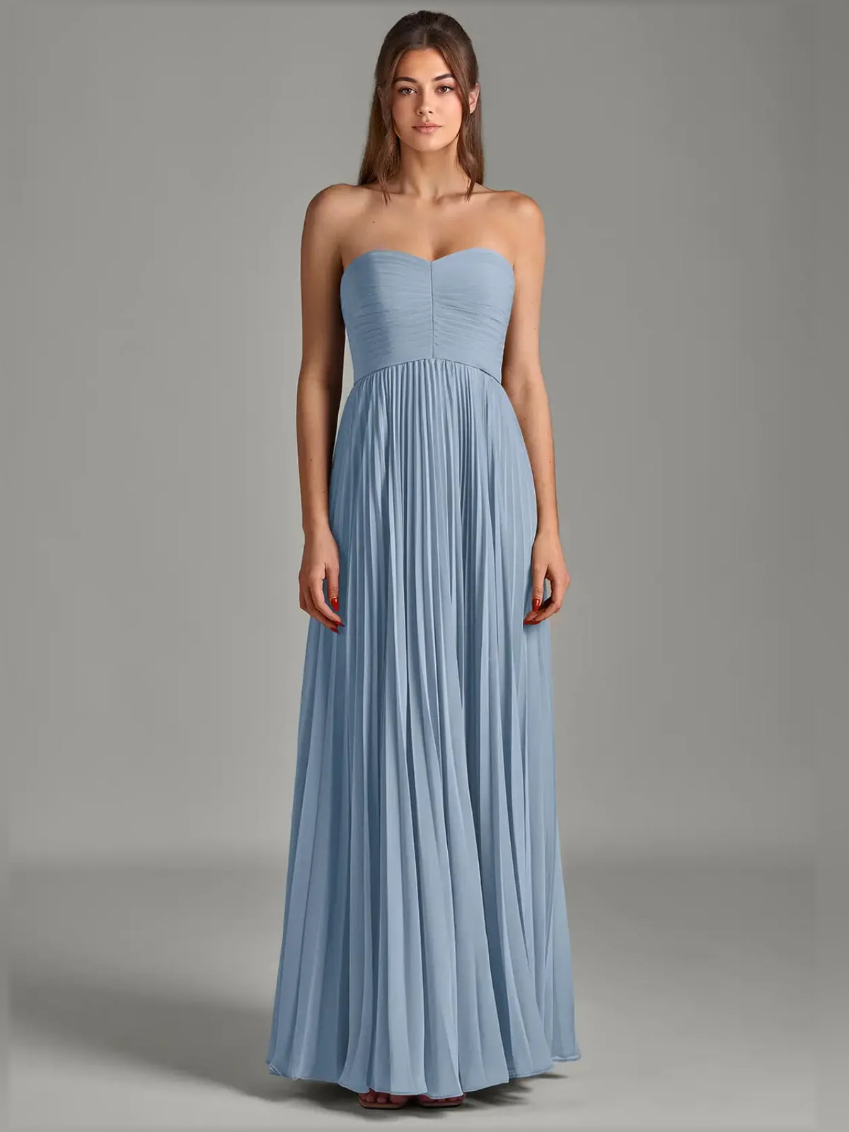 Dusty Blue a-line floor-length formal dress with pleated skirt, alternate view showing the waist