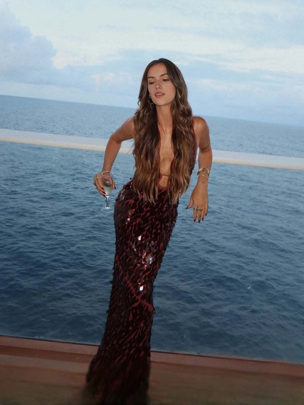 Burgundy mermaid floor-length formal dress with sequins, alternate view showing the waist