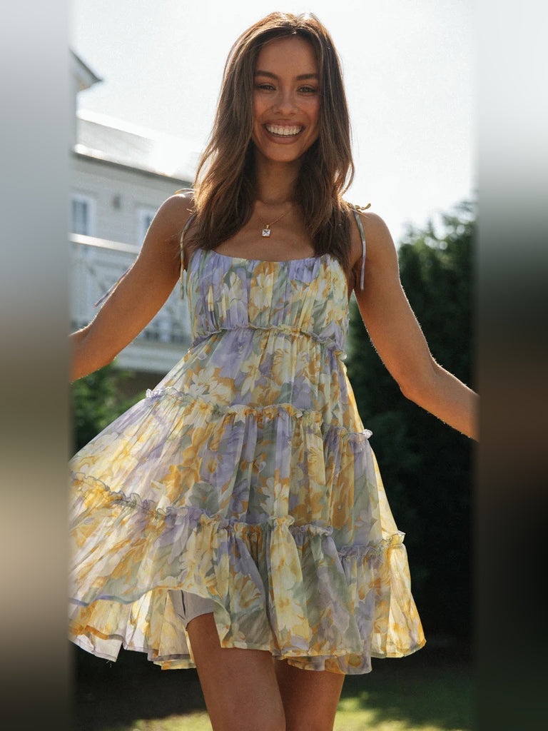 Floral mini homecoming dress, alternate view showing the overall dress design