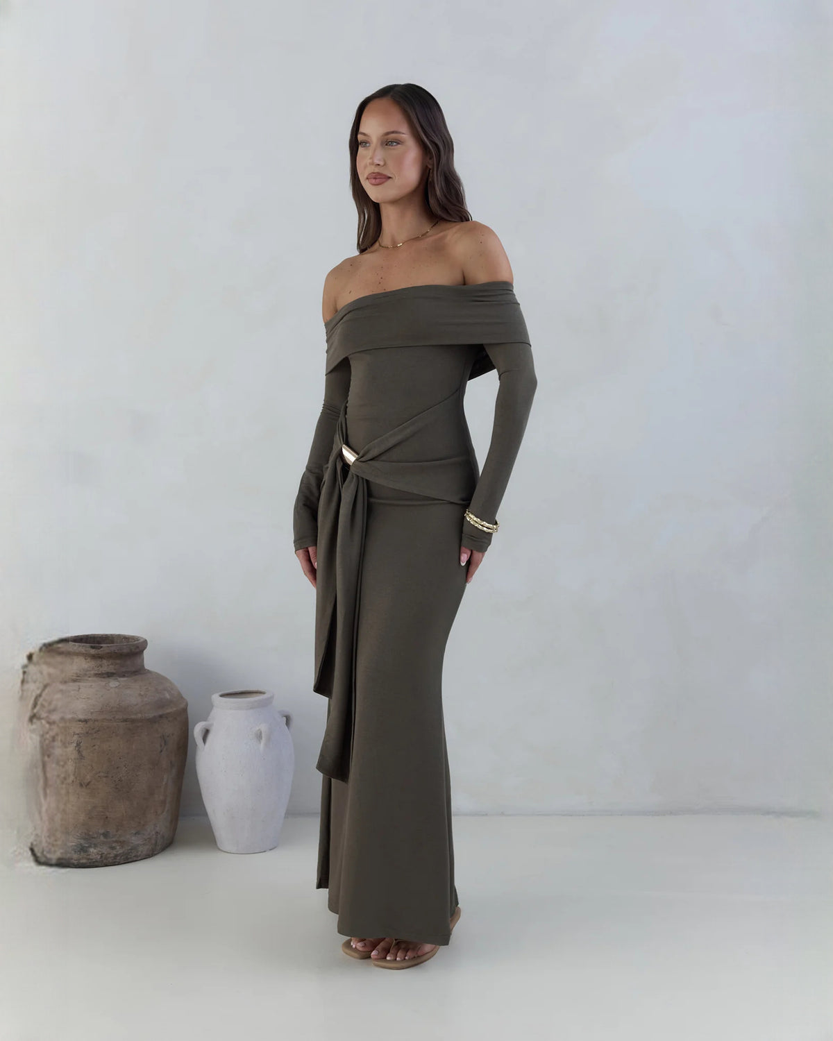 off-shoulder structured satin a-line maxi bridesmaid dress - image 4