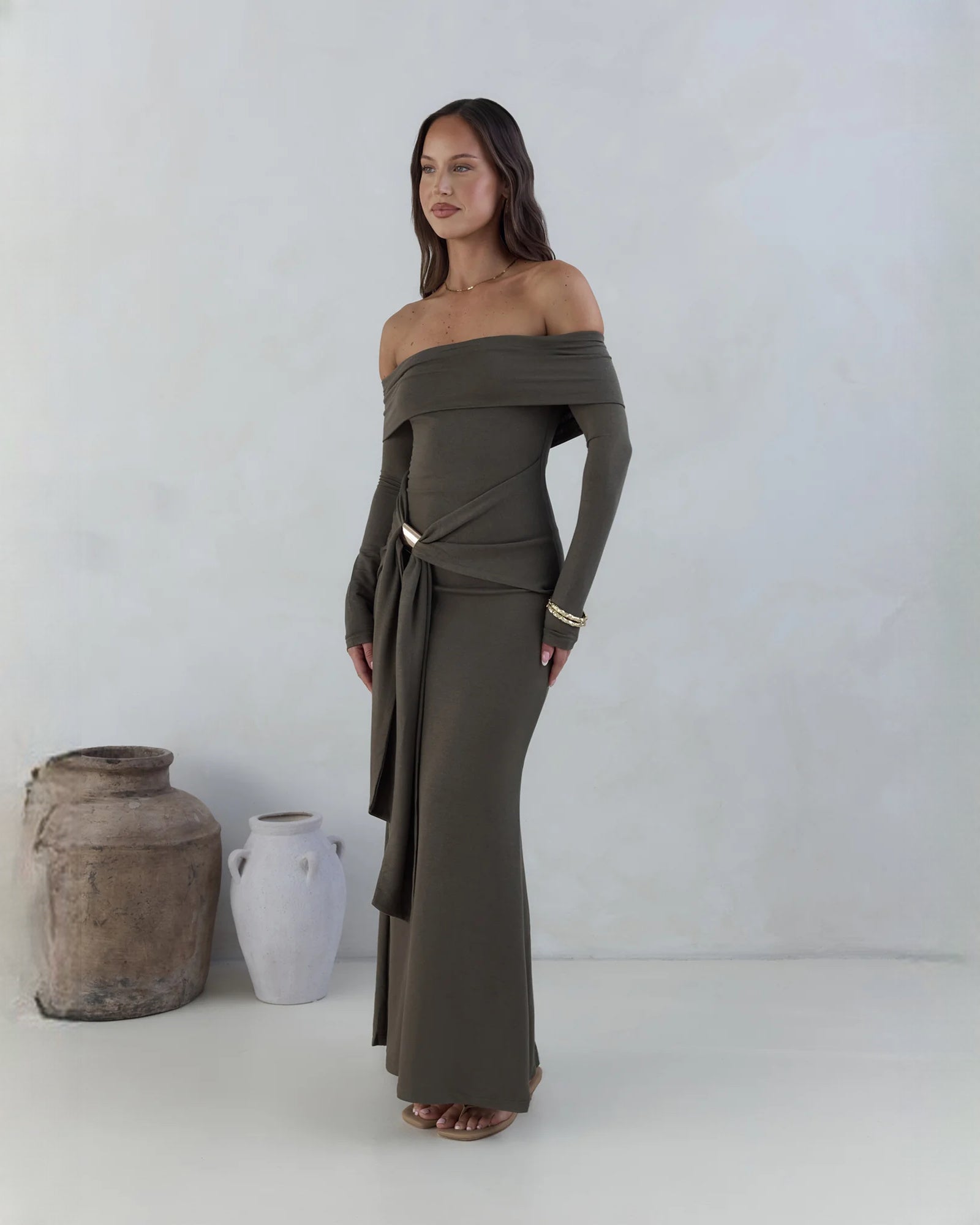 off-shoulder structured satin a-line maxi bridesmaid dress - image 4