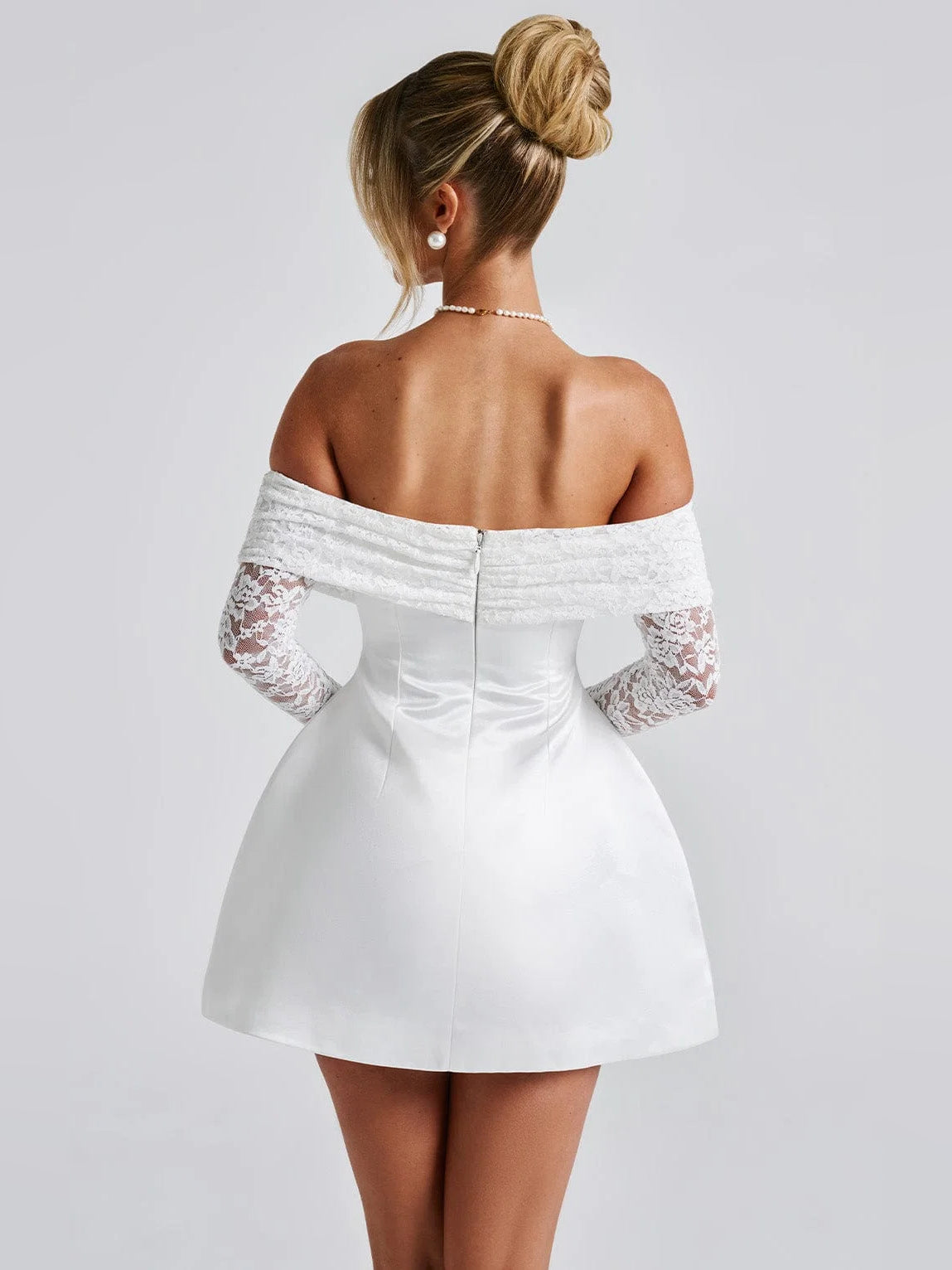 Ivory mini homecoming dress, alternate view showing the overall dress design