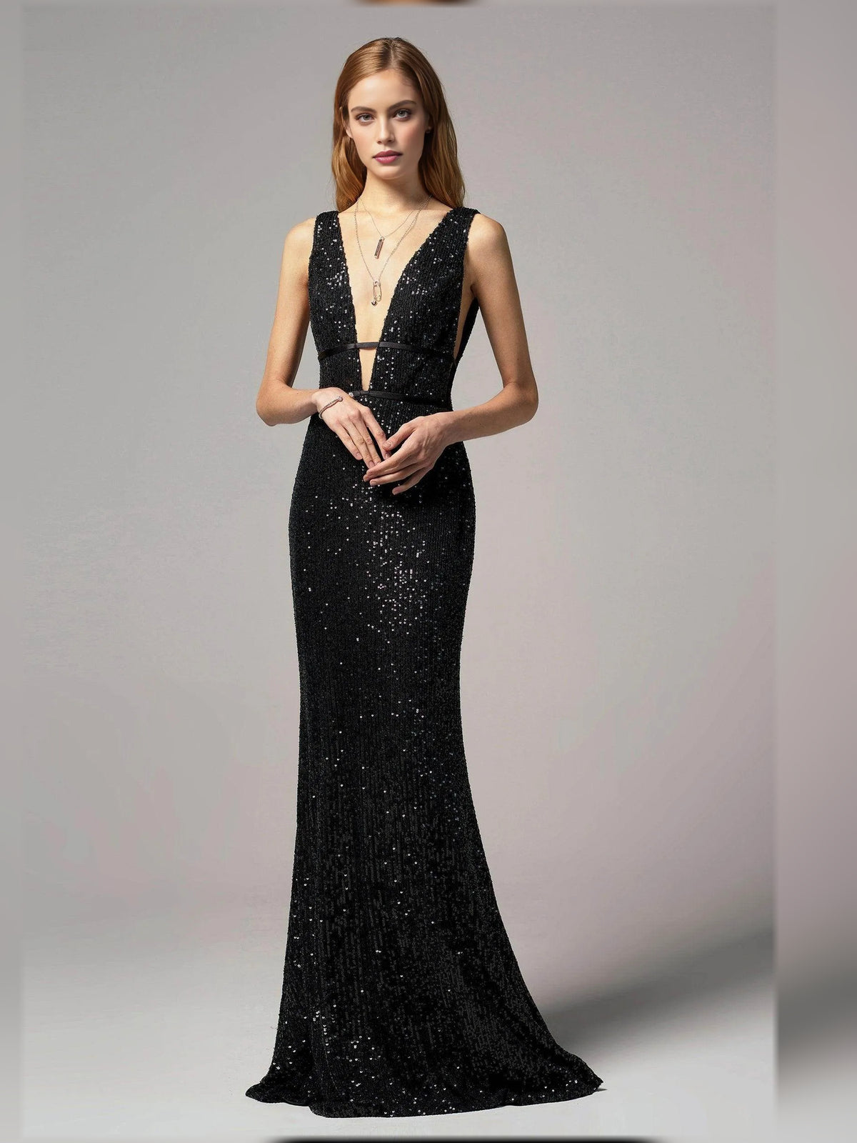 Black sheath floor-length formal dress with sequins, alternate view showing the waist