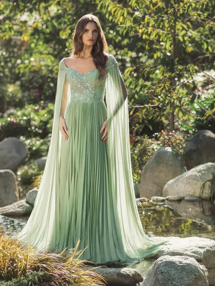 Dusty Sage a-line floor-length formal dress with pleated skirt, alternate view