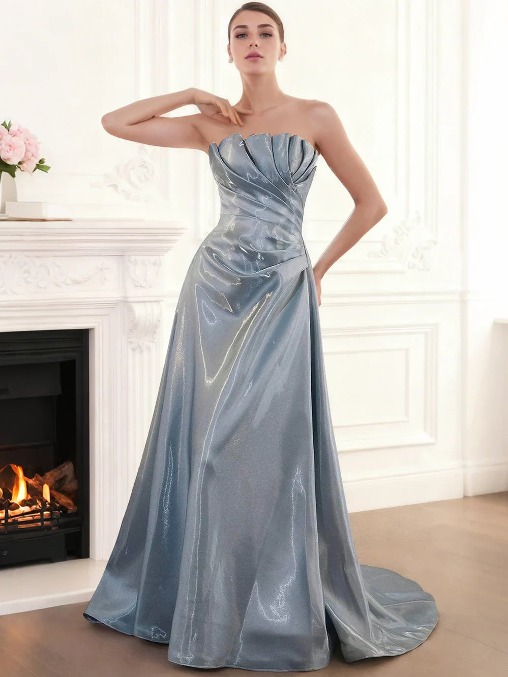 Dusty Blue a-line floor-length formal dress with pleated skirt, alternate view showing the waist
