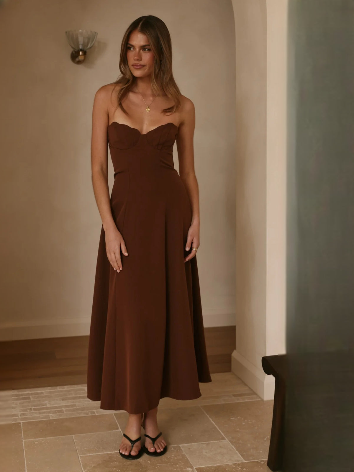 Chocolate midi formal dress with strapless neckline, alternate view showing the waist