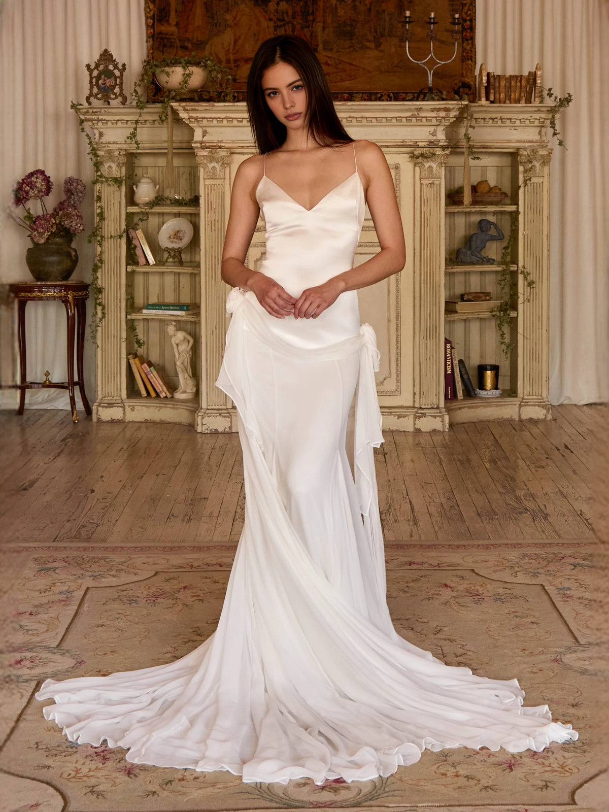 Ivory white maxi prom dress, alternate view showing the overall dress design