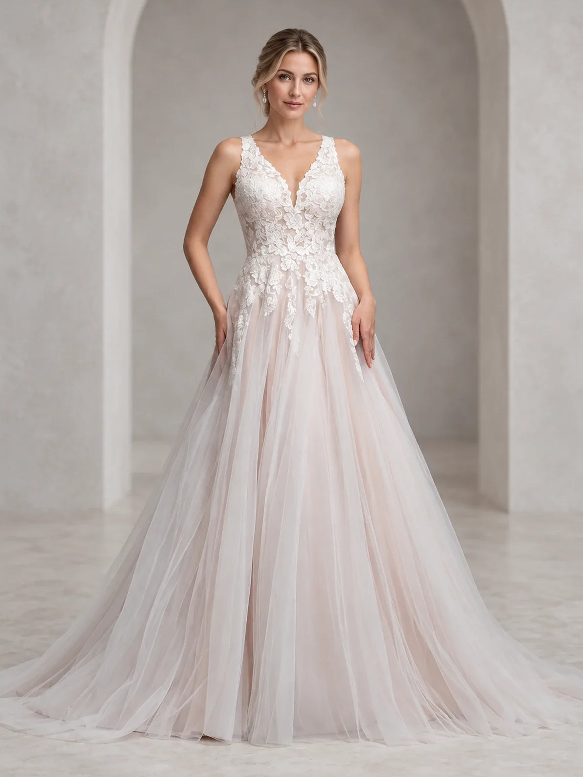 Ivory floor-length wedding dress, alternate view showing the overall dress design