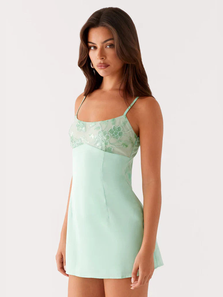 Sage mini homecoming dress, alternate view showing the overall dress design