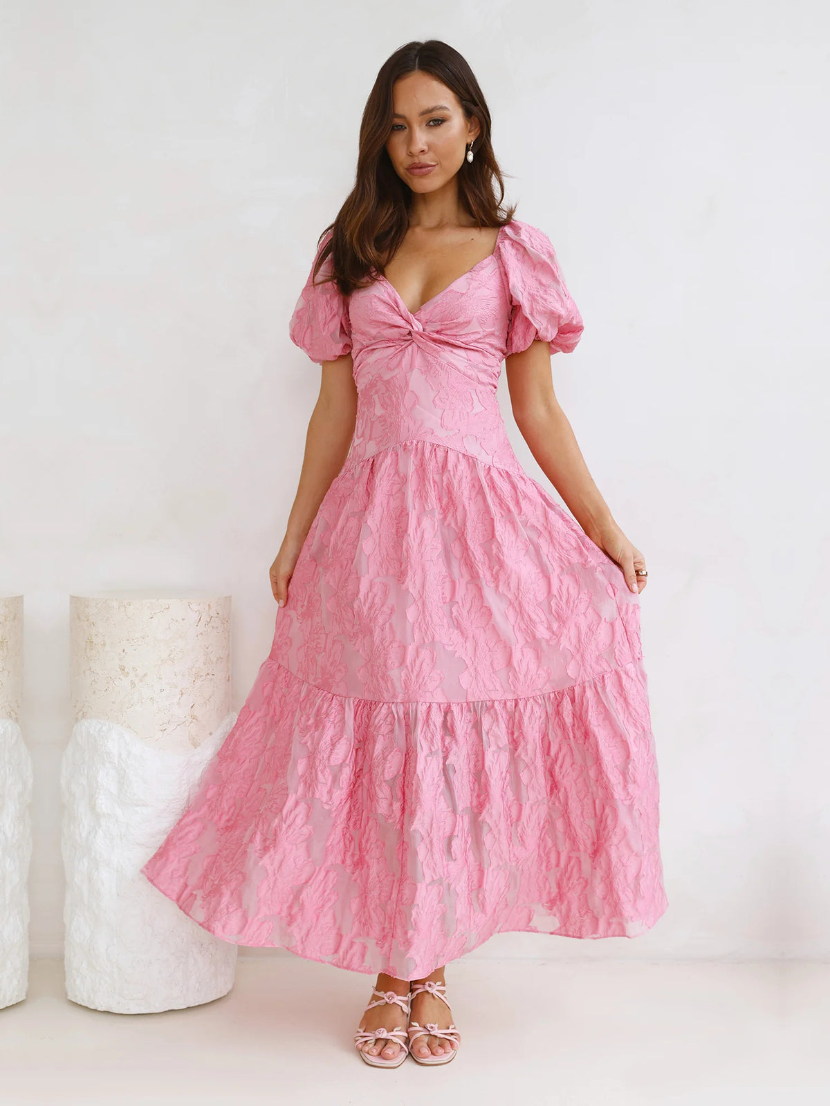 Pink a-line maxi formal dress with cutout detail, alternate view