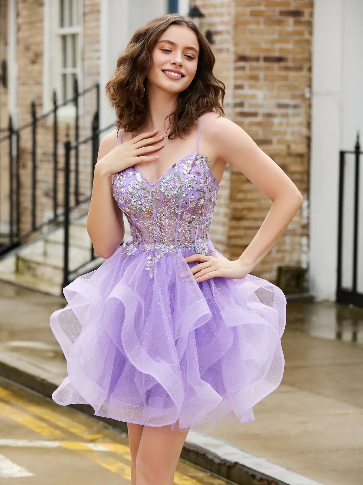 Lilac mini homecoming dress, alternate view showing the overall dress design