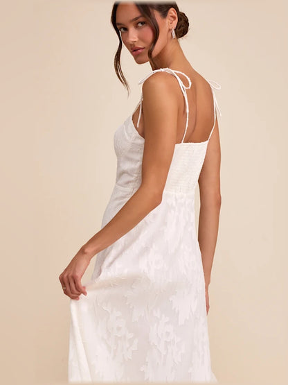White Floral midi formal dress with floral print, alternate view showing the waist
