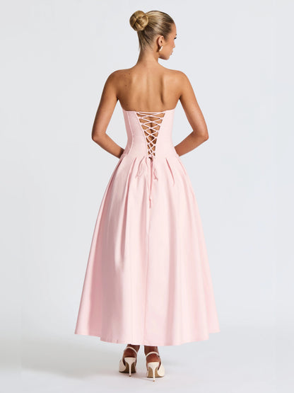 Blush midi formal dress, alternate view showing the waist