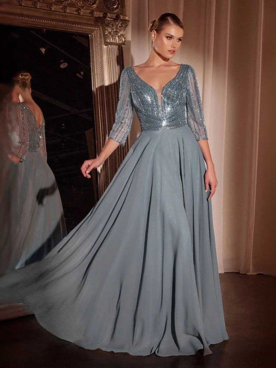 Slate Blue maxi prom dress, alternate view showing the overall dress design