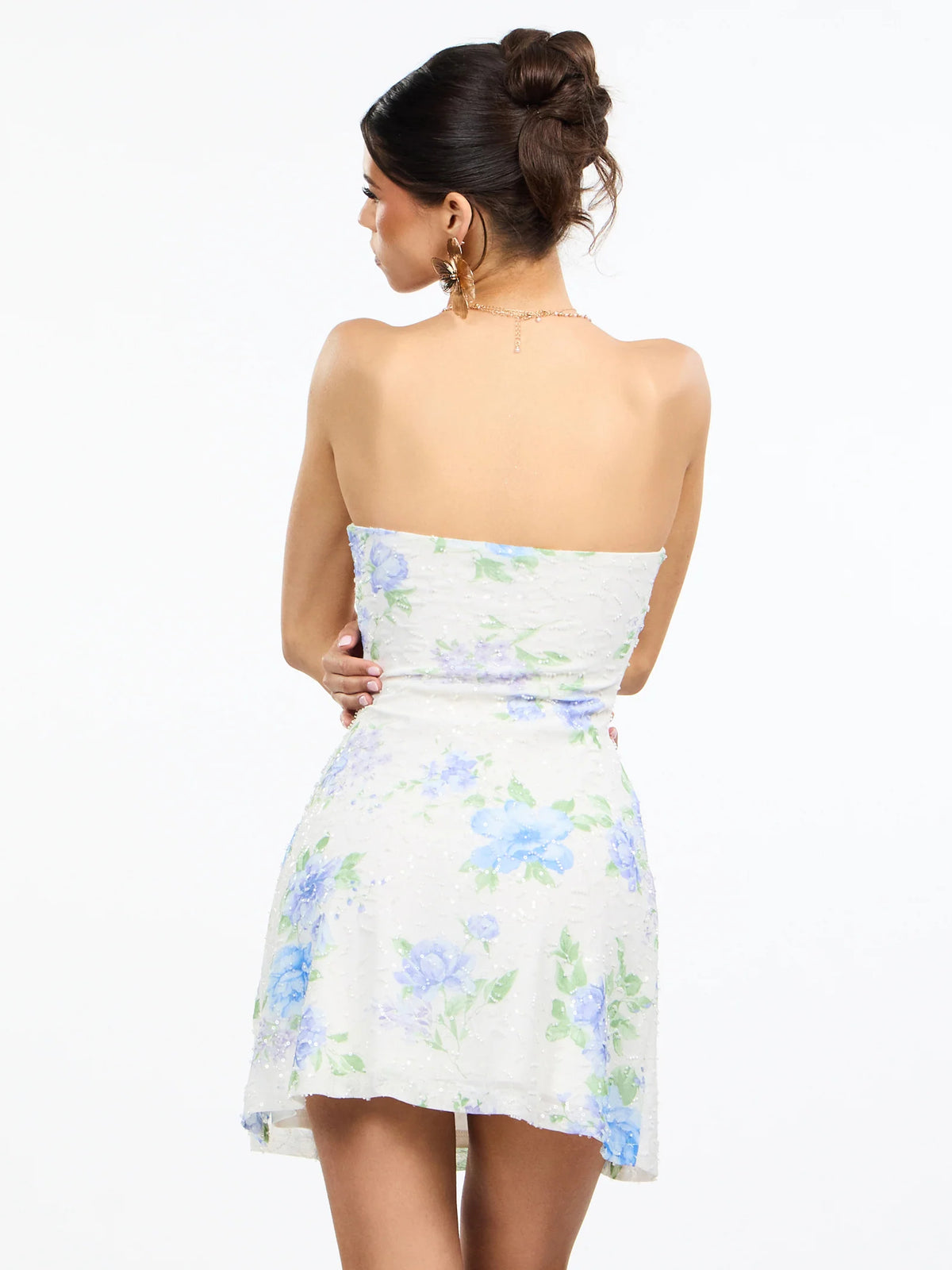 Floral mini homecoming dress, alternate view showing the overall dress design