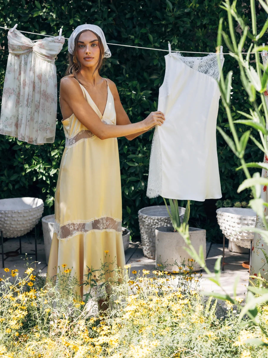 Yellow midi formal dress, alternate view showing the waist