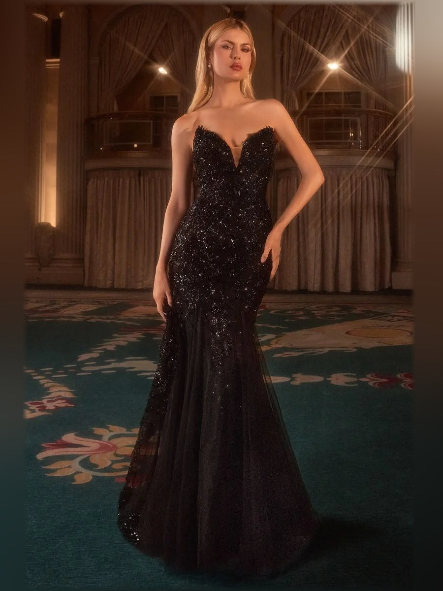 Black mermaid floor-length formal dress with sequins, alternate view showing the waist