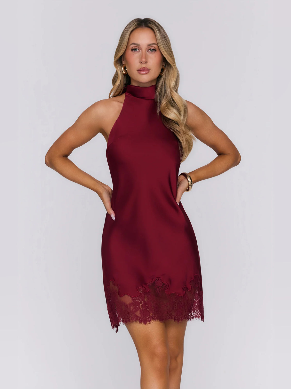 Burgundy mini homecoming dress, alternate view showing the overall dress design