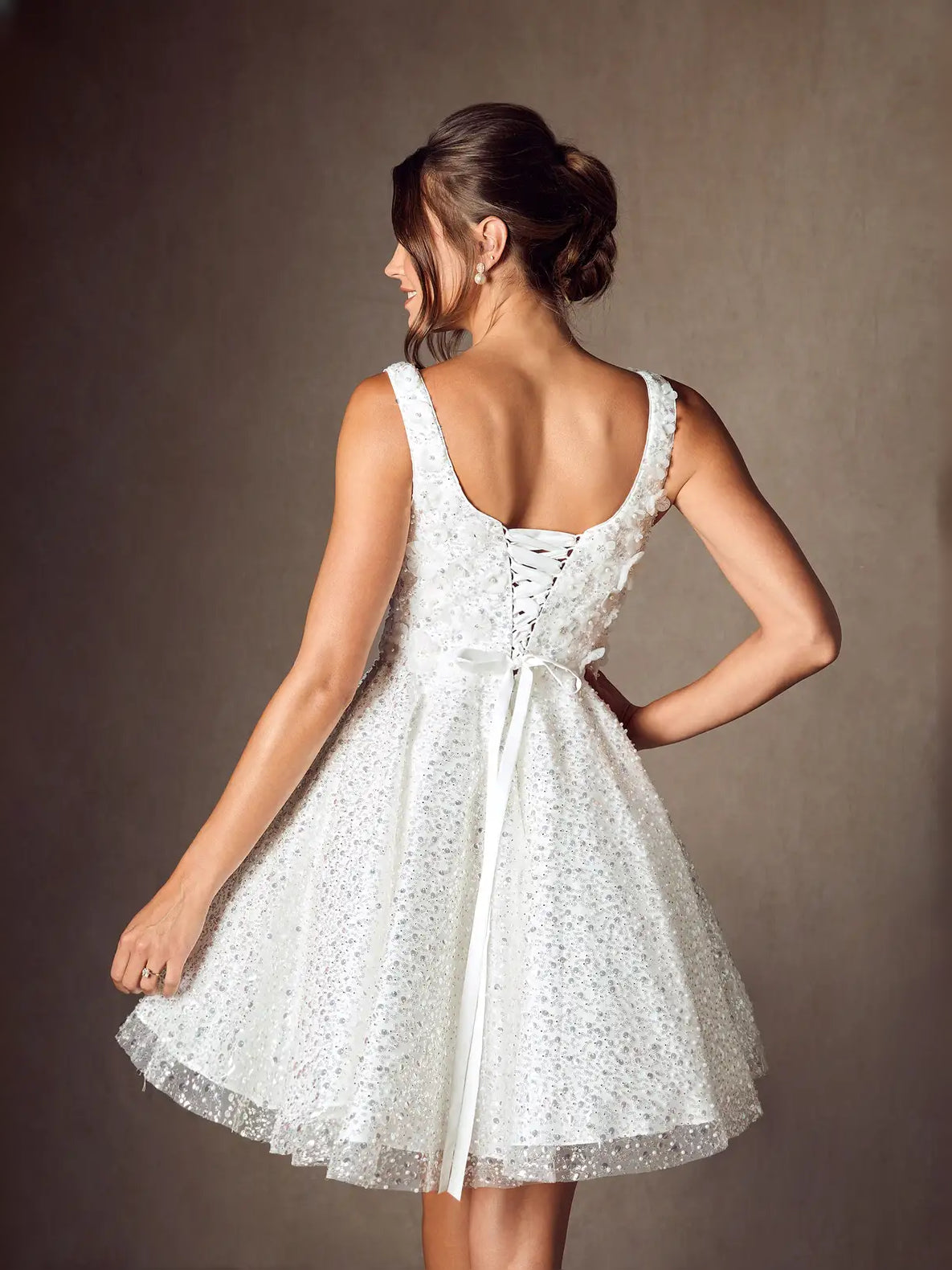White mini wedding dress, alternate view showing the overall dress design