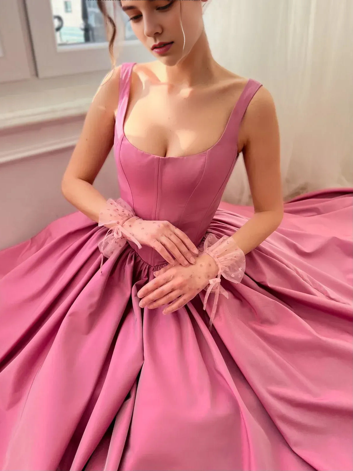 Hot Pink maxi prom dress, alternate view showing the overall dress design
