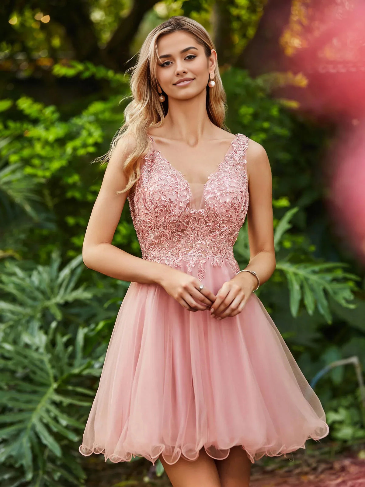 Light Pink mini homecoming dress, alternate view showing the overall dress design