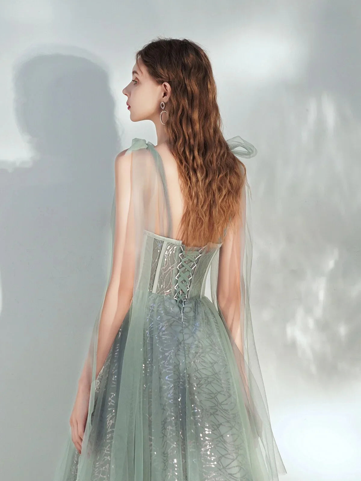 As Picture a-line midi formal dress with corset-style bodice, alternate view showing the waist