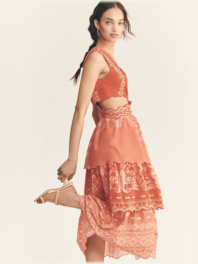 Orange midi formal dress with ruffle details, alternate view showing the waist