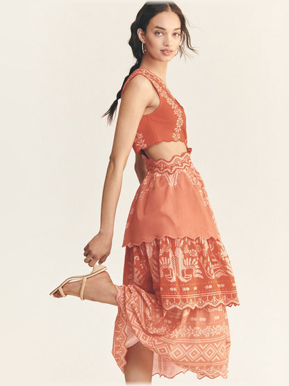 Orange midi formal dress with ruffle details, alternate view showing the waist
