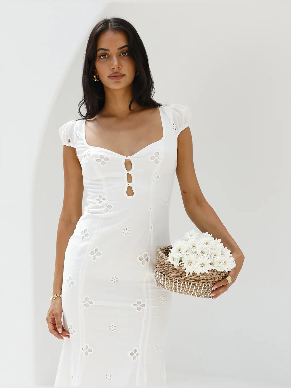 White midi formal dress, alternate view showing the waist