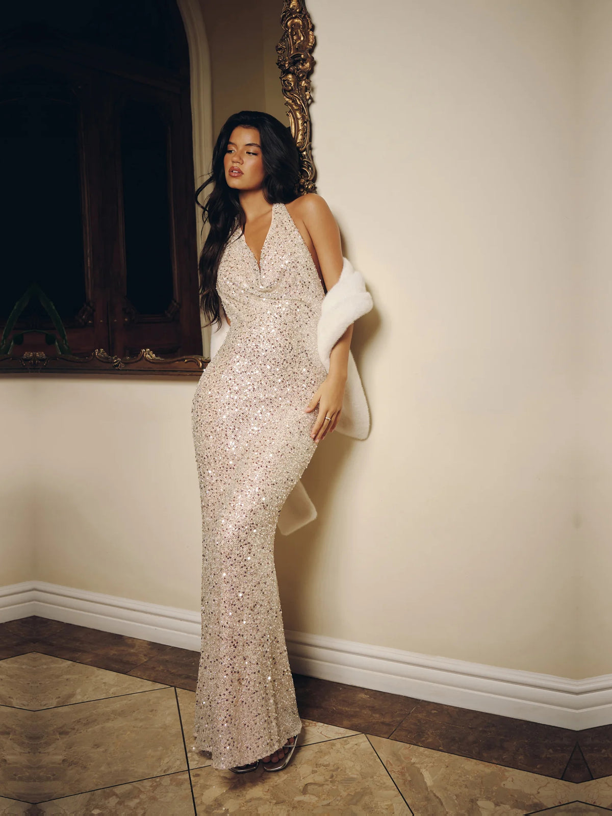 Silver sheath maxi formal dress with sequins, alternate view showing the waist
