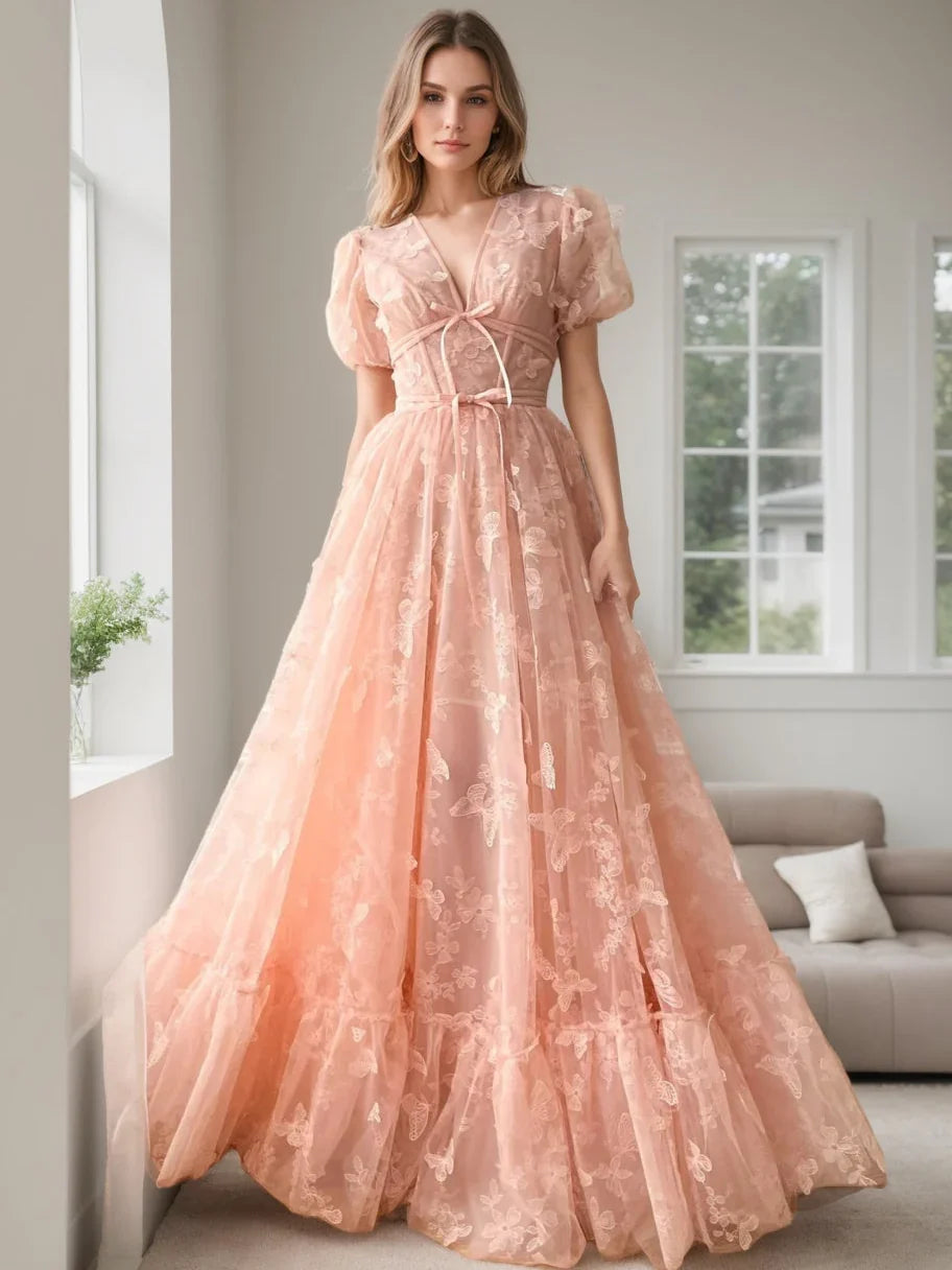 Peach floor-length prom dress, alternate view showing the overall dress design