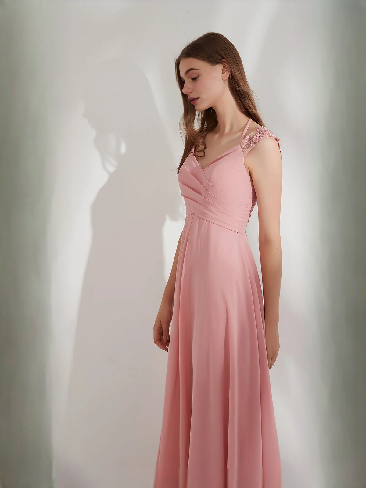 Pink floor-length bridesmaid dress, alternate view showing the overall dress design